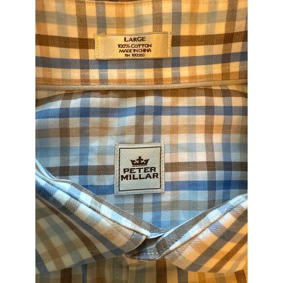 Peter Millar Long Sleeve Dress Shirt Blue, Brown, White Checked Size Large - Picture 1 of 8